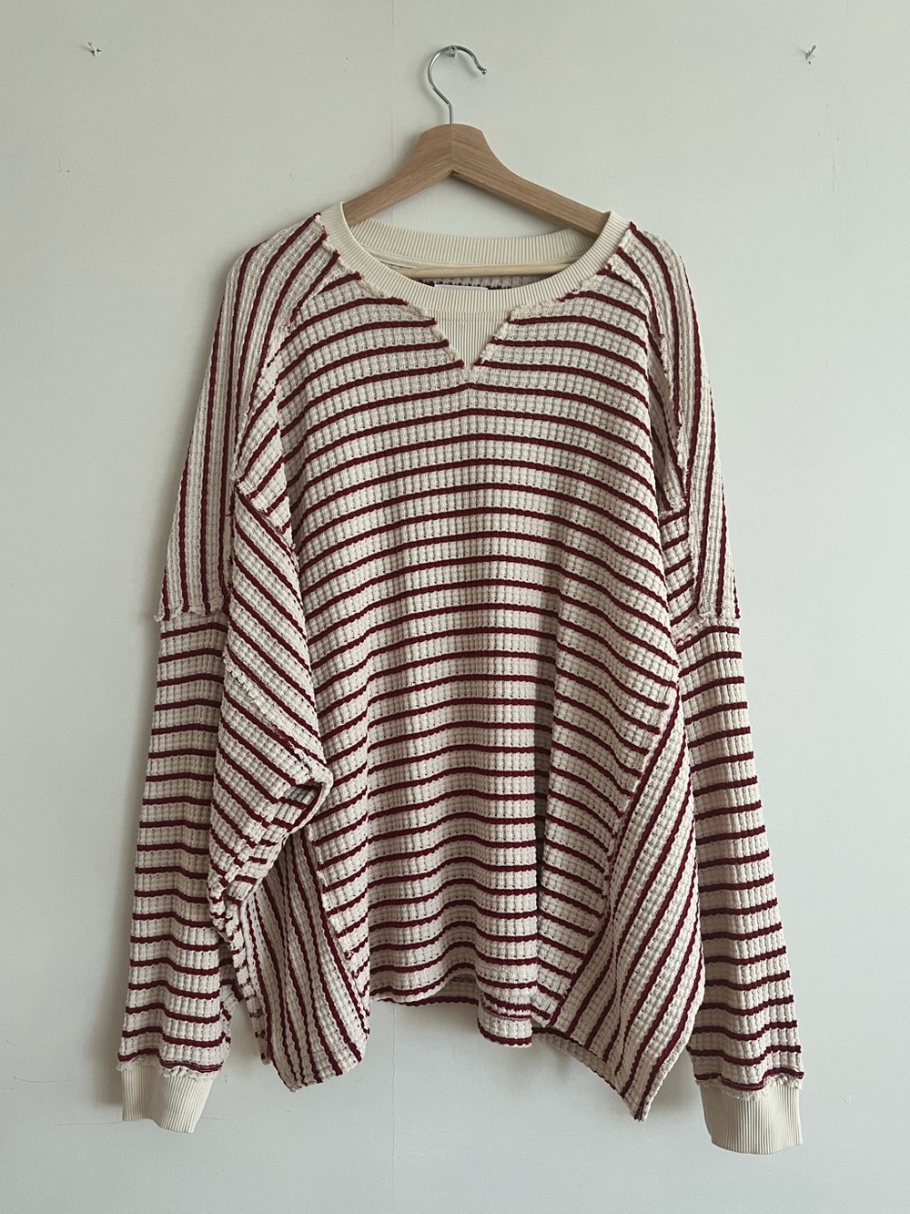 American Eagle Cream Red Striped Waffle Knit Oversized Top L